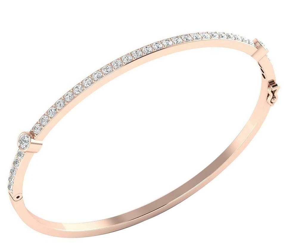 Bangle Bracelet Natural Diamond I1 G 1.30 Ct 14K Gold Prong Bezel Set 2.40 Inch - Image 3 of 4