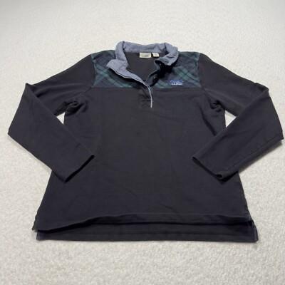 LL Bean Womens Sweater Black Mock Neck Long Sleeve 1/4 Button Pullover Plaid S
