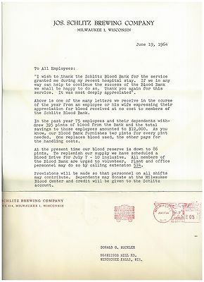 1964 Schlitz Beer Letter on Official Letterhead with Envelope