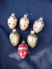 6 JEWELED EGG SHAPED BLOWN GLASS CHRISTMAS ORNAMENTS RED  GOLD
