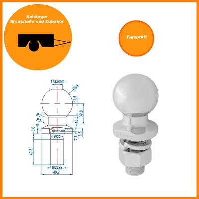 Kupplungskugel Anhängerkupplung 50mm Kugelkopf M22 Traktor Ackerschiene Quad E13