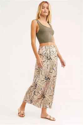 Free People Womens Neutral Swirl Printed High Waist Normani Satin Midi Skirt 2