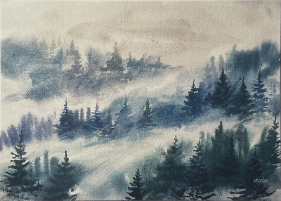Art Print Watercolor Painting Fog Landscape Forest (5x7 inches) - NEW