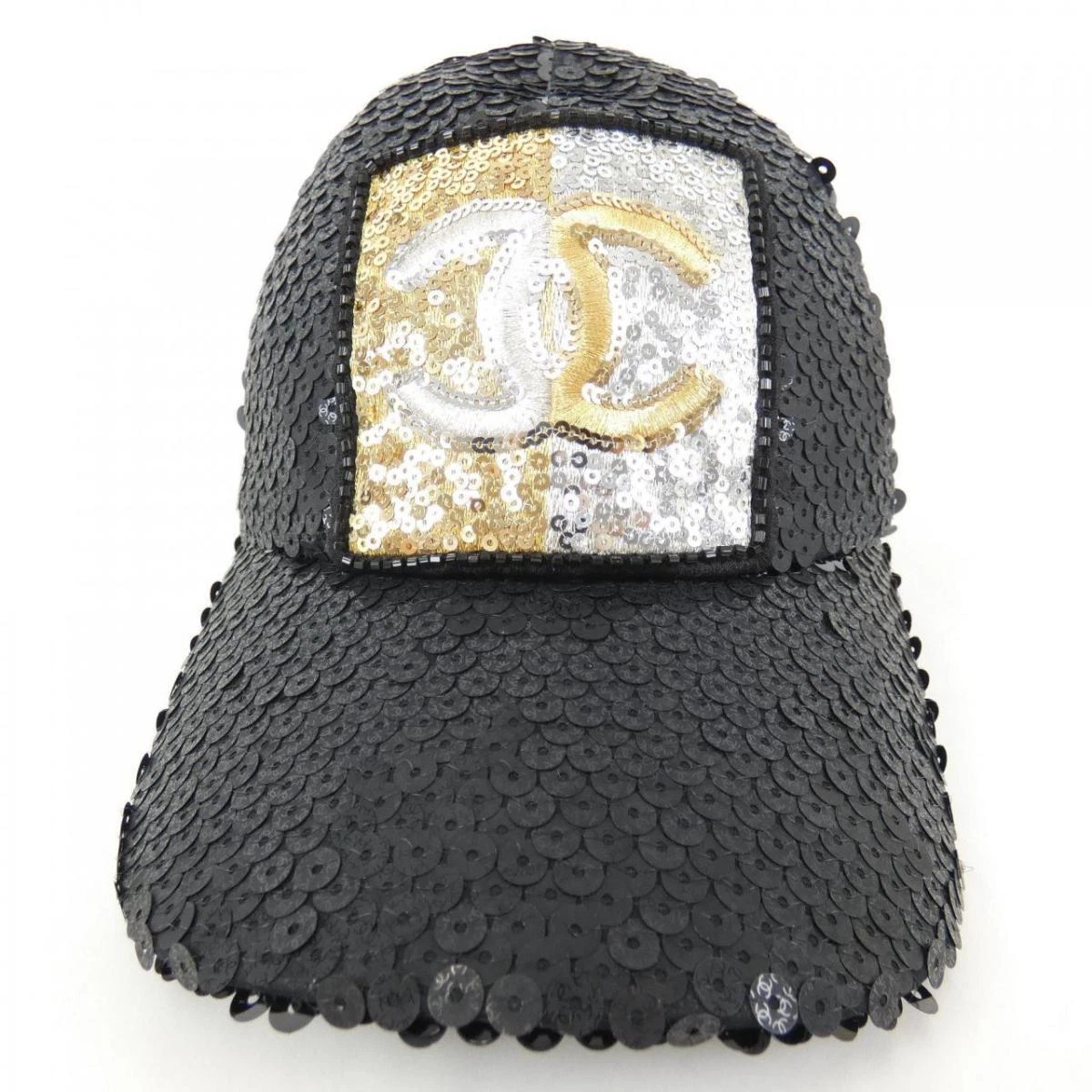 AUTH CHANEL BASEBALL CAP COCO MARK SEQUIN BLACK GOLD SILVER HEAD 55CM F/S