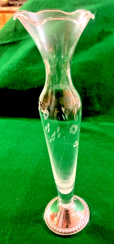 VTG 10" DUCHIN CREATION Ster Silver Weighted Base Etched Floral Crystal Bud Vase