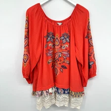 John Mark Tunic Top Shirt Size 1X Embroidered 3/4 Sleeve Artsy Boho Cottagecore