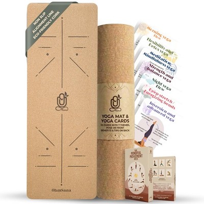 Natural Cork Yoga Mat with Alignment Lines and 55 Instructional Cards in 7 Th...