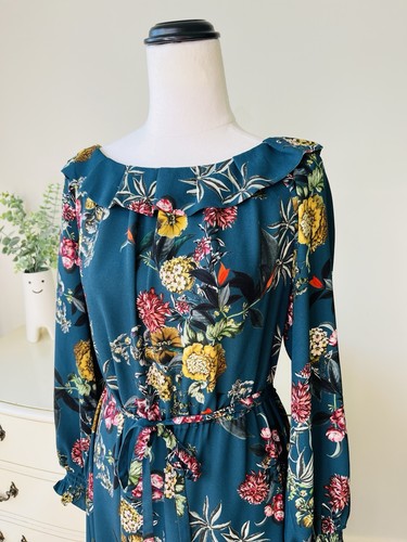 VERONIKA MAINE Size 10 Green Floral Dress Long Sleeved Tie Waist European Fabric - Picture 4 of 13