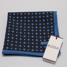 Roda NWT Wool Blend Pocket Square In Navy Blue w/ Light Blue  Silver Geometric