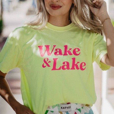 Wake and Lake Graphic Cotton Tee Neon Yellow and Hot Pink