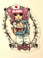Vintage Hook Ups Sweet Nurse Basket of Skulls Pink Hair Girl Skateboard Sticker
