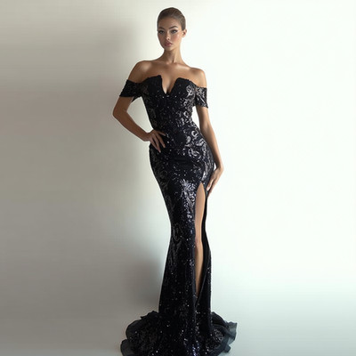 Windsor Black Stretch Sequin Off Shoulder Slit Prom Dress Formal Evening Gown S