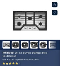 Whirlpool WCGK7036PS 36  5-Burner Gas Cooktop   Open Box   Missing Burner Caps