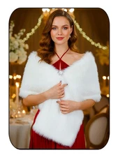 Womens Faux Fur Shawl Wrap Long Bridal Stole with Brooch