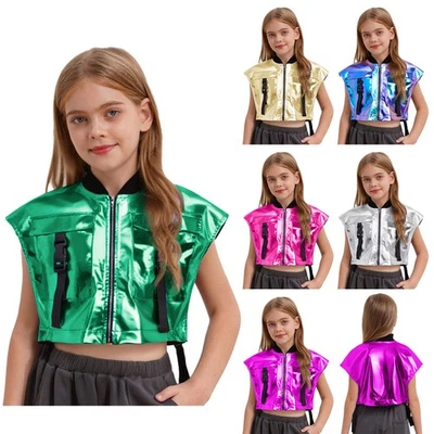 FREEBILY Girls Zipper Metallic Vest Jazz Hip-hop Dance Shiny Jacket With Buckle Pockets
