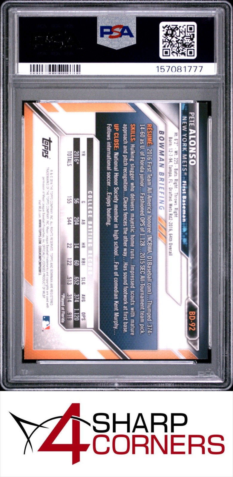 2016 BOWMAN DRAFT #BD92 PETE ALONSO RC METS PSA 10 view 2