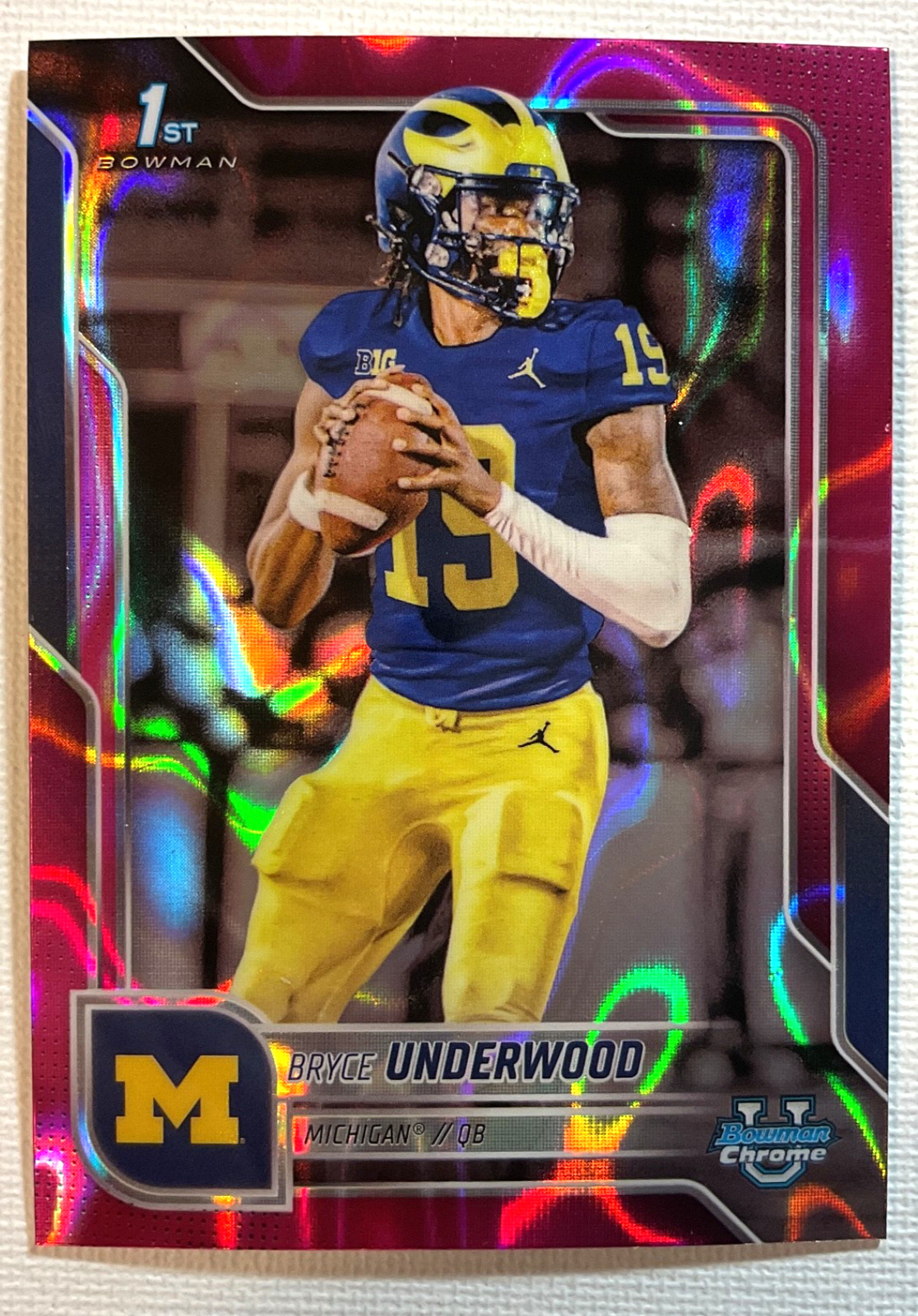 Bryce Underwood 2025 Bowman U Chrome Football Pink Lava Refractor 1st Michigan
