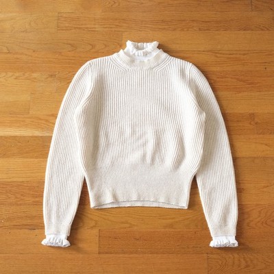 Sandro Ribbed Mock Neck Sweater Women White Ruffle Trim Coquette Girl Size 3