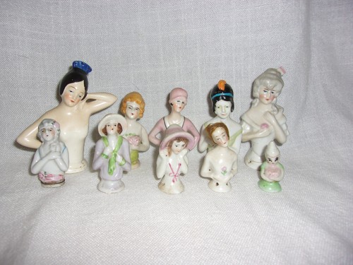 Vintage 1/2 Porzellan Puppen 10 Stück Nadelkissen Japan und Deutschland