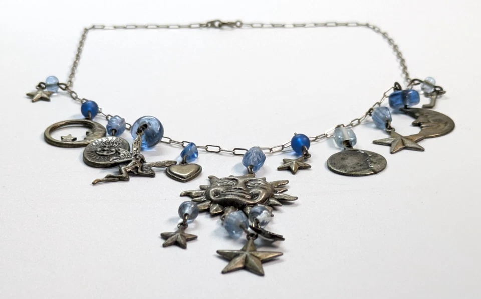 天体多吊坠太阳月亮星星古董银色 17 英寸项链工匠 — 第 3/4 张图片