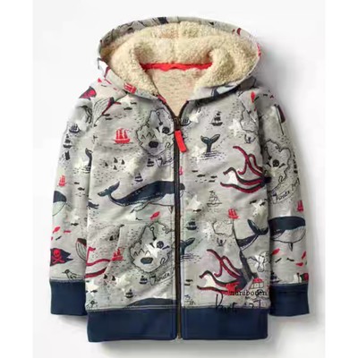 Mini Boden Sherpa-Lined Zip Hoodie Nautical Print Gray 3-4Y EUC