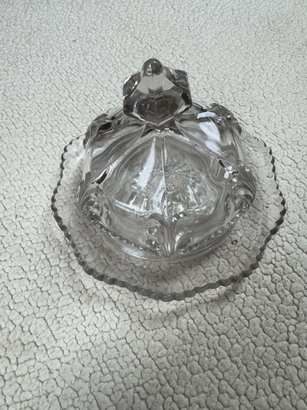 Vintage Clear Round Covered Glass Butter Dish Antique Flower Floral Cut