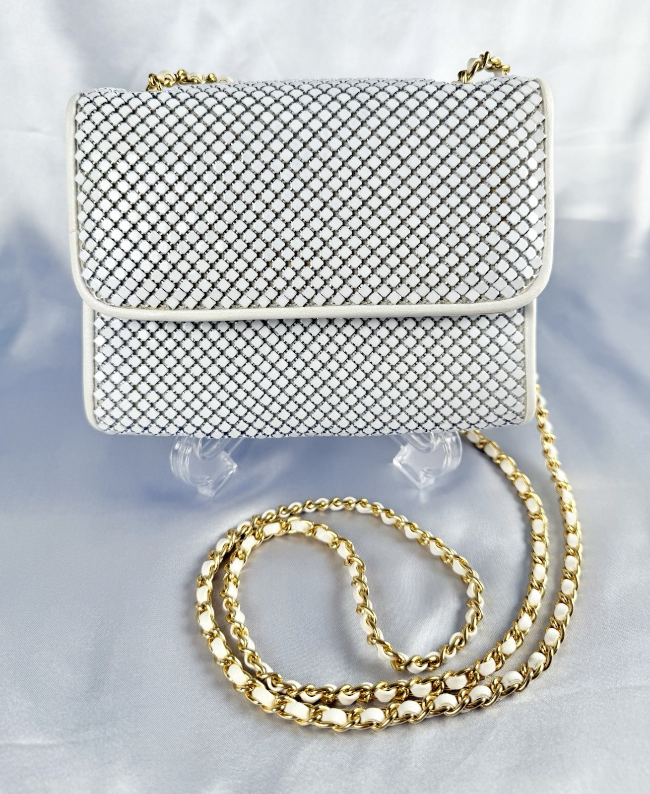 Whiting & Davis White Mesh Evening Bag Gold Chain Crossbody Purse Vintage Bridal