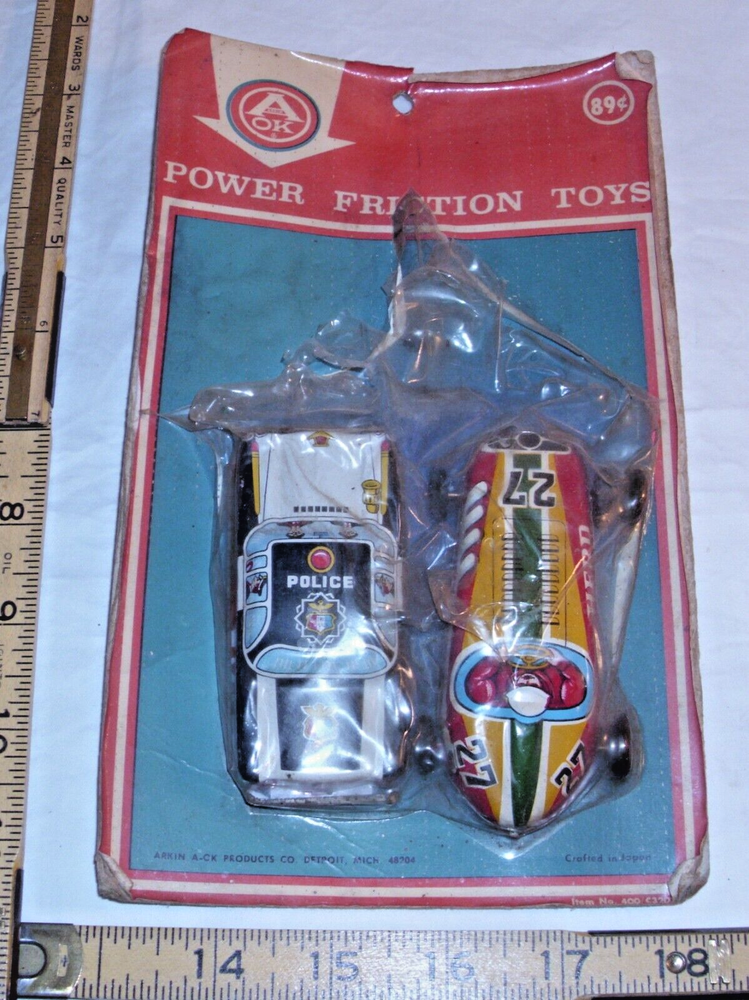 A OK POWER FRICTION POLICE & RACE CAR TIN TOYS JAPAN 1960 NEW ON CARD