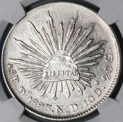 1893-Do NGC AU Mexico 8 Reales Durango Cap Rays Silver Coin (24042004C)