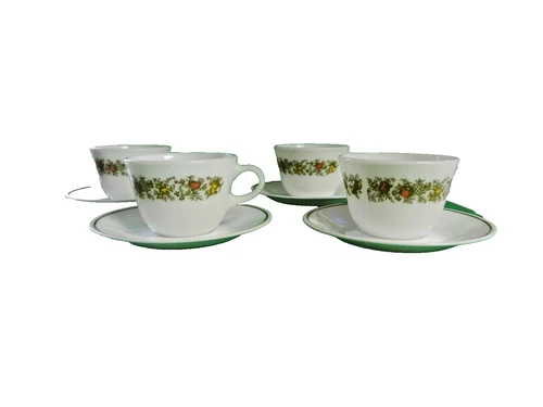 SPICE OF LIFE 4 Cup & 4 Saucer Set Vegetables  Corning Corelle VGC Pyrex Vtg