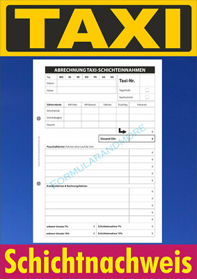 TAXI-Schichtnachweis DIN A5 Block 100 Blatt Abrechnung Taxi Schichtzettel