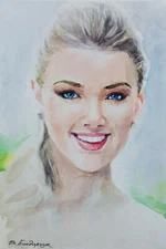 Original watercolor painting. Beautiful girl portrait. Minimalist  illustration