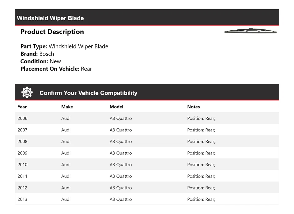 For 2006-2013 Audi A3 Quattro Bosch Windshield Wiper Blade Rear 2007 2008 2009 - Image 2 of 3