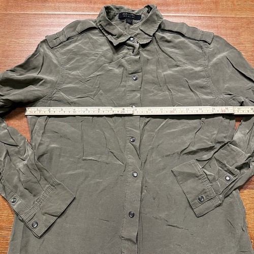 AllSaints Button Up Blouse 4 Olive Silk Blend Shirt Pearl Snap Military City Alt - Picture 6 of 12