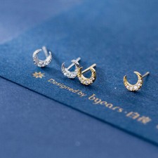 925 Sterling Silver Tiny Moon CZ Stud Earrings Women Children's Kids Girls A1140