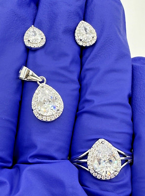 Super FANCY WHITE .925 STERLING SILVER EARRINGS / PENDANT / RING SET Size 7