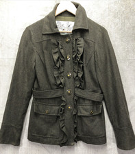 Anthropologie Tabitha Wool Blend Military Style Jacket 6 Green Ruffle Button