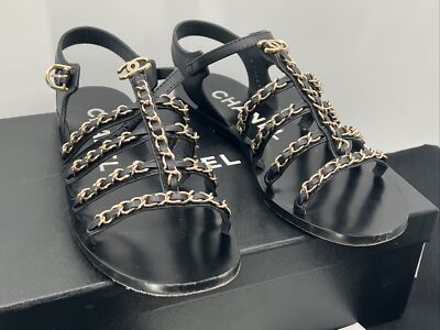 CHANEL 2023 interlocking CC logo gladiator open toe black