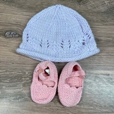 Knit Hat and Booties Set Kids 0-3M Purple Pink Pointelle Shimmer
