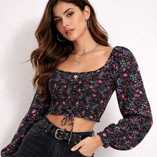Dark Floral Smocked Puff Sleeve Crop Top M Y2K Coquette Fairy Romantic Soft