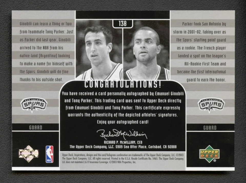 MANU GINOBLI + TONY PARKER 2003 UPPER DECK INSPIRATIONS SPURS DUAL AUTO RC /1600 - Image 2 of 2