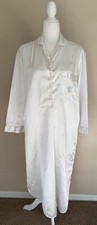 Vintage Miss Elaine Modest Shirtdress Style Nightgown LS White Pink Satin SZ Med