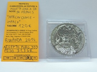 RARA MONETA/ONCIA ARGENTO PURO DA 50 FRANCS RWANDA 2014 "AFRICAN IMPALA" 31 1 GR