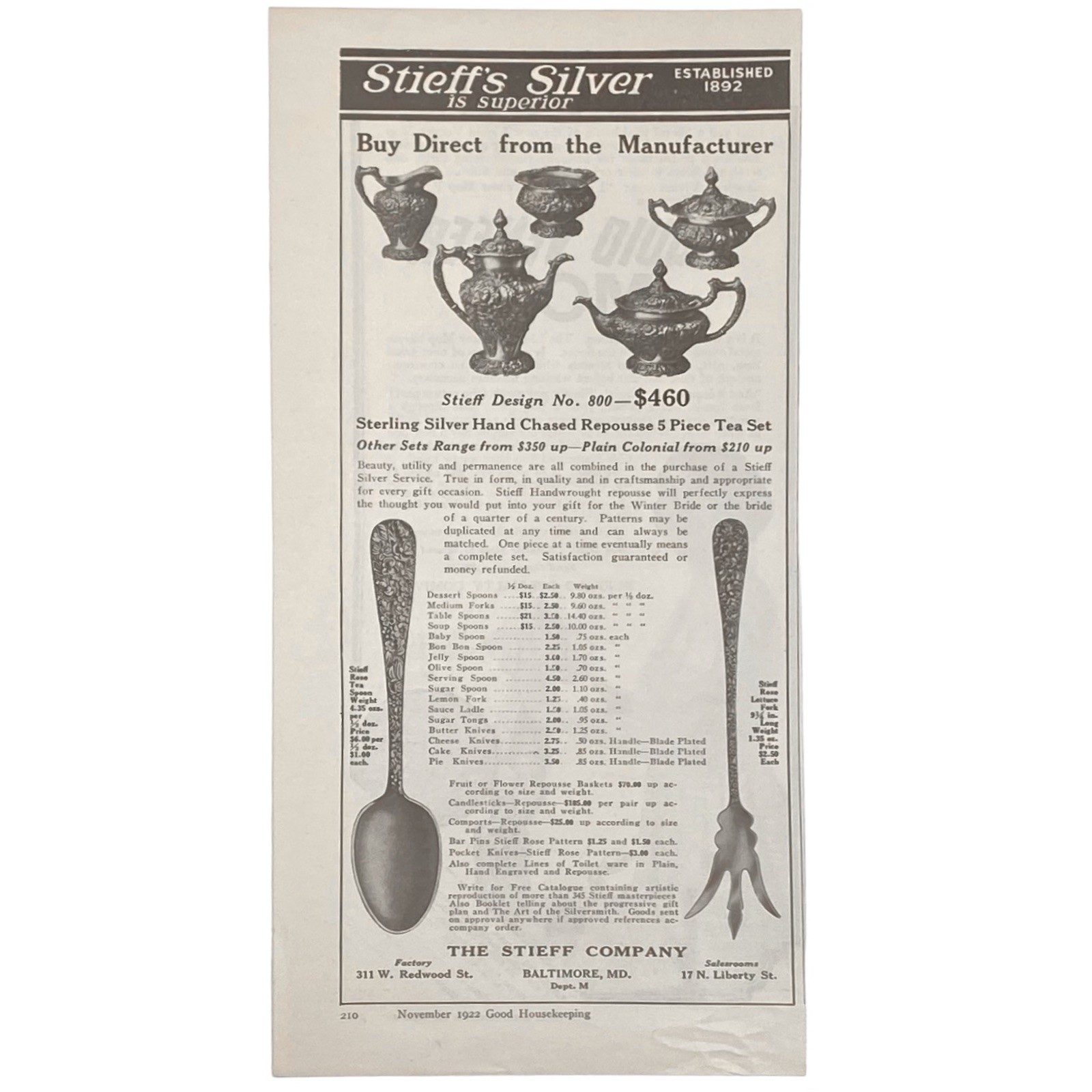 1922  Stieff Silver Co. Vintage Print Ad, Stieff Rose, hand Cahsed Reousse
