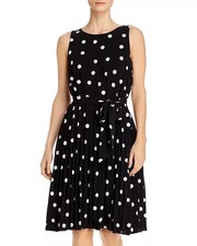 T  Tahari Pleated Polka Dot Tie-Waist Lined Dress US Women’s Size M