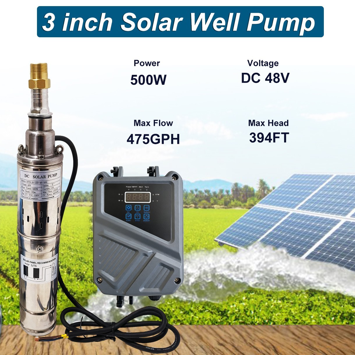 500W 3" Solar Pump Submersible Pump Bore DC 48V Deep Well Pump + MPPT Controller