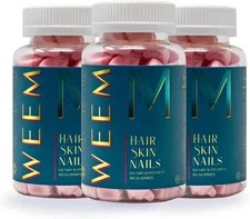 WEEM Hair Skin and Nails Gummies, Vegan biotin Vitamins, Healthy Hair (Pack 3)