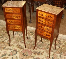 Near Pair of French Louis XV Style Inlaid Marble Top Lingerie Chest Nightstands