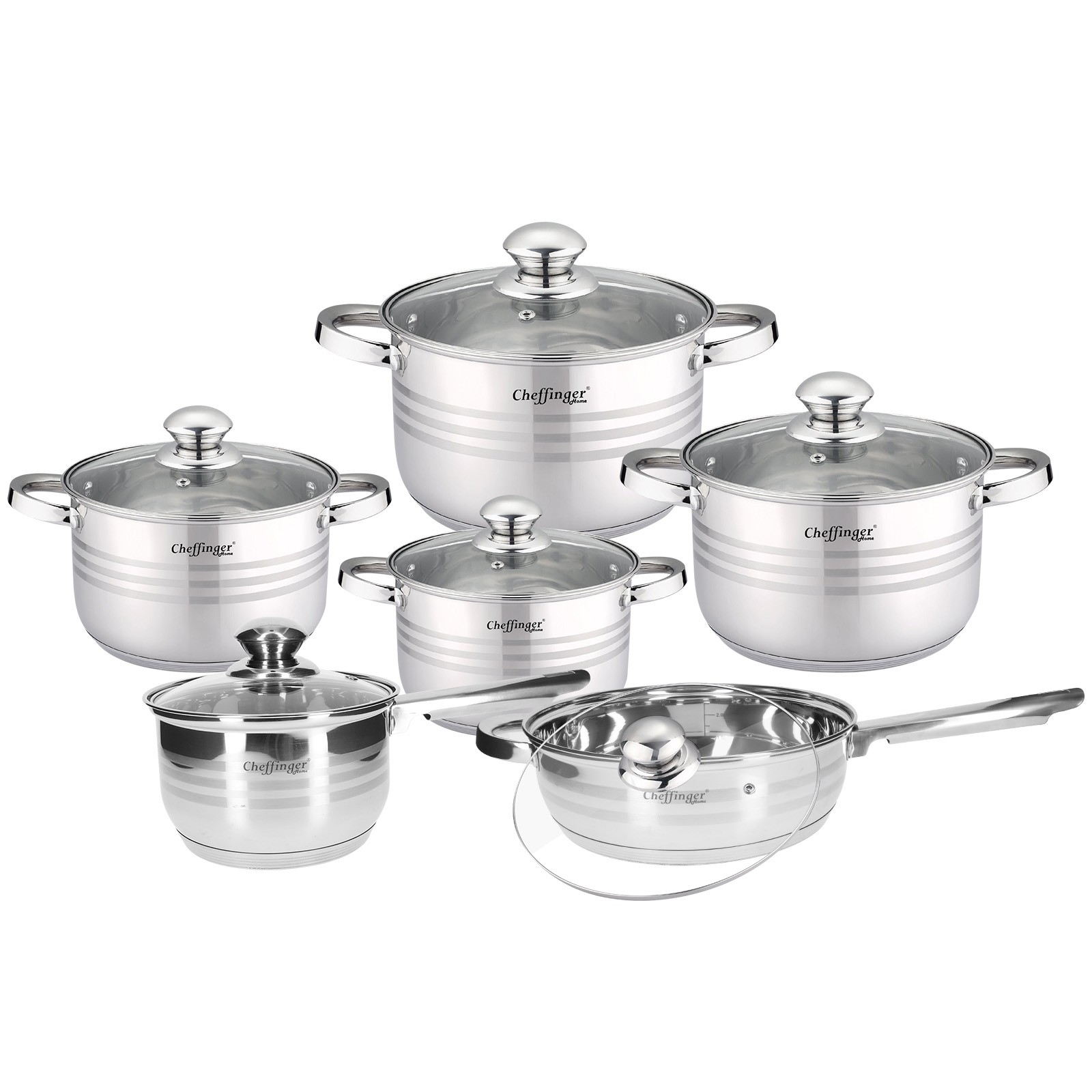 Batterie de cuisine 12 pièces induction en inox avec 4 marmites et poêles