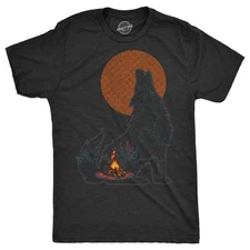 Mens Funny T Shirts Campfire Wolf Sarcastic Nature Graphic Novelty Tee for Men